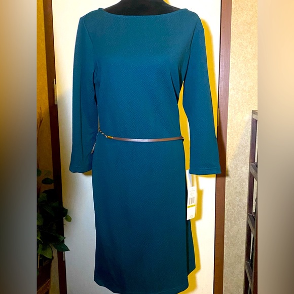 Sharagano Dresses & Skirts - NWT Beautiful periwinkle blue dress with brown tasseled belt with attached hoops